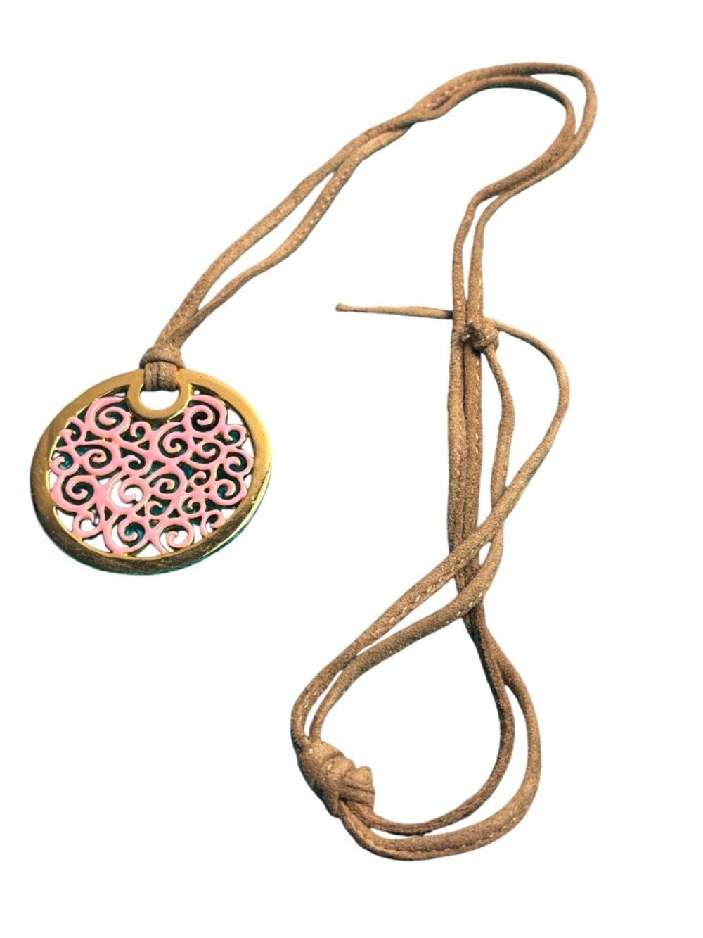 Brown Suede Cord Necklace Goldtone Pink Enameled Swirl Circle Pendant